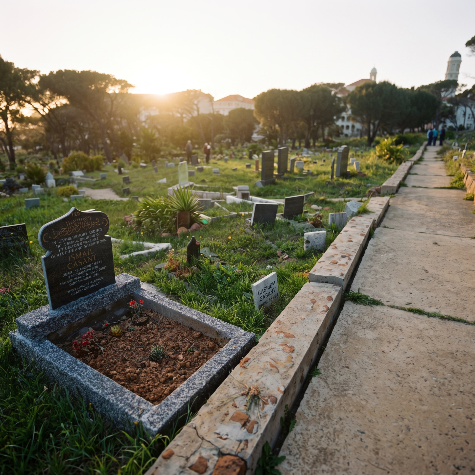 Graves and a walkway at the Mowbray Muslim Cemetery at sunset
